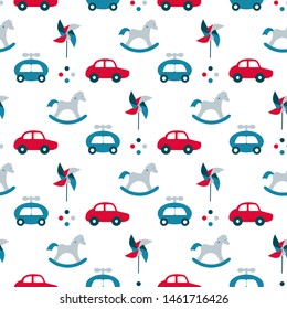 Vector seamless pattern with kids toys. Pinwheel, rocking horse, cars. Children background. Design for wrapping, fabric, print.