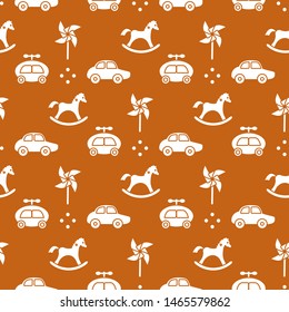 Vector seamless pattern with kids toys. Pinwheel, rocking horse, cars. Children background. Design for wrapping, fabric, print.
