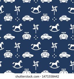 Vector seamless pattern with kids toys. Pinwheel, rocking horse, cars. Children background. Design for wrapping, fabric, print.