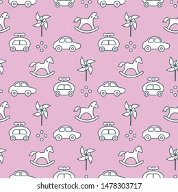 Vector seamless pattern with kids toys. Pinwheel, rocking horse, cars. Children background. Design for wrapping, fabric, print.