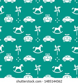 Vector seamless pattern with kids toys. Pinwheel, rocking horse, cars. Children background. Design for wrapping, fabric, print.