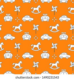 Vector seamless pattern with kids toys. Pinwheel, rocking horse, cars. Children background. Design for wrapping, fabric, print.