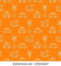 Vector seamless pattern with kids toys. Pinwheel, rocking horse, cars. Children background. Design for wrapping, fabric, print.