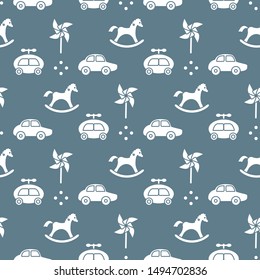 Vector seamless pattern with kids toys. Pinwheel, rocking horse, cars. Children background. Design for wrapping, fabric, print.