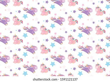 Vector seamless pattern for kids. Two gentle unicorns with developing manes and ponytails, the boy runs to the girl.Around the horses are multi-colored stars,purple, pink, blue.Factory print,wallpaper