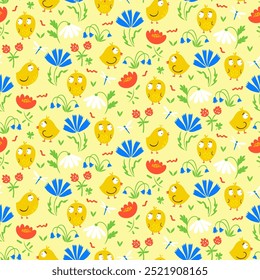 Vector seamless pattern for kids wear and apparel with cute chickens and flowers on yellow background.