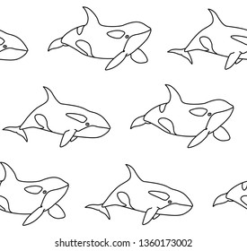 Vector seamless pattern of killer whale in outline style. Line art cartoon orca on white background