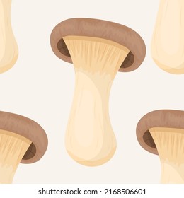 Vector Seamless Pattern with King Trumpet Oyster Mushroom on White. Seamless Texture, Hand Drawn Cartoon King Trumpet Oyster Mushrooms. Design Template for Textile, Wallpaper, Print. Pleurotus Eryngii