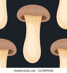 Vector Seamless Pattern with King Trumpet Oyster Mushroom on Black. Seamless Texture, Hand Drawn Cartoon King Trumpet Oyster Mushrooms. Design Template for Textile, Wallpaper, Print. Pleurotus Eryngii