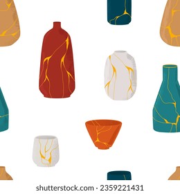 Vector seamless pattern with Kintsugi ceramics. Dishes made in oriental technique with golden lines. Restored antique tableware. Isolated design on a white background.