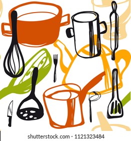 Vector seamless pattern with kitchen accessories.