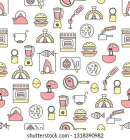 Vector seamless pattern with kitchen appliances, cooking utensils, foodstuff, wine. Thin line art flat style design cooking background, wallpaper.