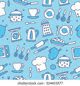 Vector seamless pattern of kitchen icons on a blue background, hand-drawn.
