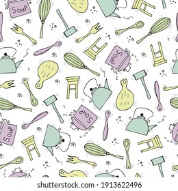 Vector seamless pattern with kitchen tools on white background