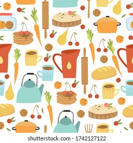 vector seamless pattern kitchen utensils and food. baking, vegetables, cooking