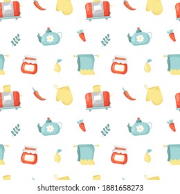 Vector Seamless Pattern  with Kitchen Utensils.Cuisine Tools  for Cooking in Cartoon Style.Cute Appliance,Cookware,Accessories for Print,Design,Wrapping Paper,Wallpaper,Textile.