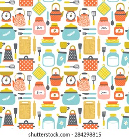 Vector seamless pattern with kitchenware: pans, jars with jam and milk, grater, dishes, cup, teapot, kettle, whisk, rolling pin, spoon, fork, knife, cutting board, spatula. Bright hand drawing texture