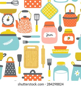 Vector seamless pattern with kitchenware: pans, jars with jam and milk, grater, dishes, cup, teapot, kettle, kitchen scale, rolling pin, spoon, fork, knife, cutting board. Bright hand drawing texture.