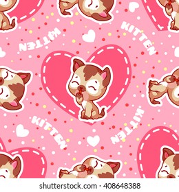 Vector seamless pattern with kitten. Funny background with animals for kids.