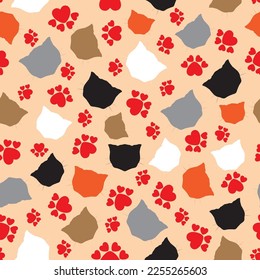 Vector seamless pattern with kitten head silhouettes and heart shaped paw prints. Cat love Valentine Day childish wallpaper, background.