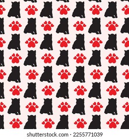 Vector seamless pattern with kitten silhouettes and heart shaped paw prints. Cat love Valentine Day childish wallpaper, background.