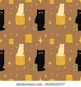 Vector seamless pattern with kittens, black cats, stars, paper lanterns. Cute pattern, background with pets .vector seamless halloween pattern with black cats, lanterns and stars.