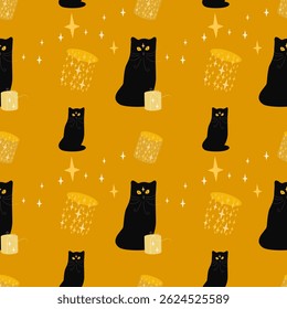 Vector seamless pattern with kittens, black cats, stars, paper lanterns. Cute pattern, background with pets .vector seamless halloween pattern with black cats, lanterns and stars.