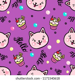 Vector seamless pattern with kittens and muffins. Hello lettering