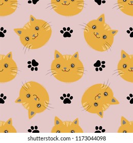 Vector seamless pattern with kittens and paw's footprints