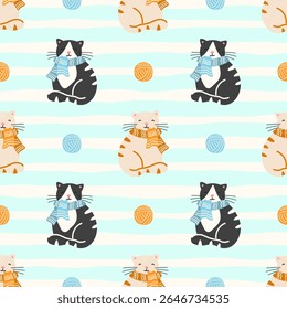 Vector Seamless pattern with kittens, yarn, and cozy elements.. Warm kawaii design perfect for nursery wallpaper, textiles, and childrens products.