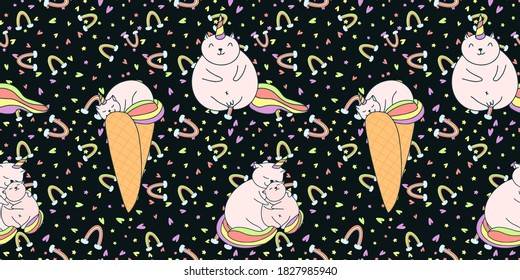 Vector seamless pattern with kitty unicorn. Funny caticorn the mythical creature. 