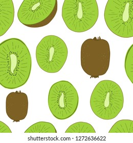 Vector seamless pattern with kiwi fruit isolated on white background. Hand drawn  kiwi clip art in cartoon style. Exotic tropical fruits.  Textile print.