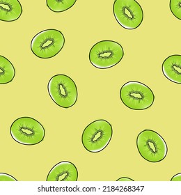 Patrón de vectores sin costura, kiwi en color de agua con contorno negro