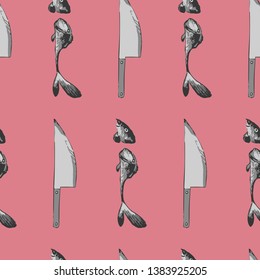 Vector seamless pattern of knife and sliced fish on pink background