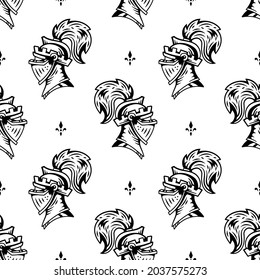 Vector Seamless Pattern with Knight Head in Helmet with Feathers on White Background. Black Line Art Flat Style Design of Medieval Knight Head