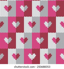 Vector seamless pattern. Knitted background with squares and hearts.