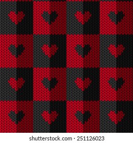 Vector seamless pattern. Knitted background with squares and hearts.