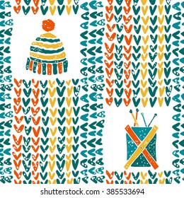 Vector seamless pattern with knitting accessories and hat