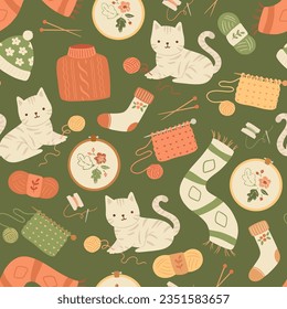 Vector Seamless Pattern with Knitting, Embroidery and Cat Playing with Yarn Ball