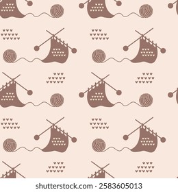 Vector seamless pattern with knitting product, needles and balls of thread. Repear texture for textile or wrapping paper. Cozy hand made hobby wallpaper in a flat style.