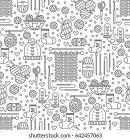 Vector seamless pattern with knitting symbols in trendy linear style