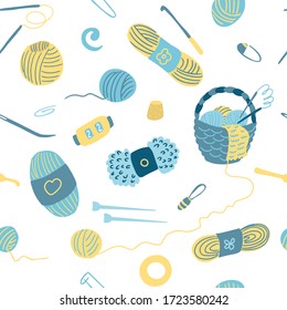 Vector seamless pattern with knitting tools. Wicker basket, ball of wool, yarn, needles, stitch markers, hooks. Illustration on white background. Great for fabrics, wrapping papers, covers.