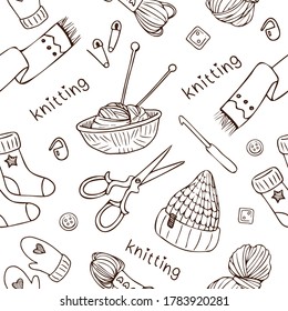 Vector seamless pattern with knitting tools and yarn. Cute vector flat line illustration of hand made equipment knit needle