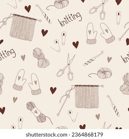 Vector seamless pattern with knitting tools and yarn. Trendy hand drawn vector illustration.