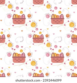 Vector seamless pattern with knitting tools, needle, thread, basket, heart and inscription I love knitting. Craft hobby pastel background.
