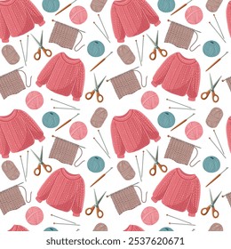 Vector seamless pattern with knitting tools, sweater and yarn. Vector illustration on a white background.
