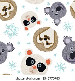 Vector seamless pattern with koala, panda and sloth.