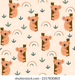 Vector seamless pattern with koala.Tropical jungle cartoon creatures.Pastel animals background.Cute natural pattern for fabric, childrens clothing,textiles,wrapping paper.