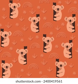 Vector seamless pattern with koala.Tropical jungle cartoon creatures.Pastel animals background.Cute natural pattern for fabric, childrens clothing,textiles,wrapping paper.