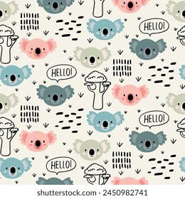 Vector seamless pattern with koala.Tropical jungle cartoon creatures.Pastel animals background.Cute natural pattern for fabric, childrens clothing,textiles,wrapping paper.
